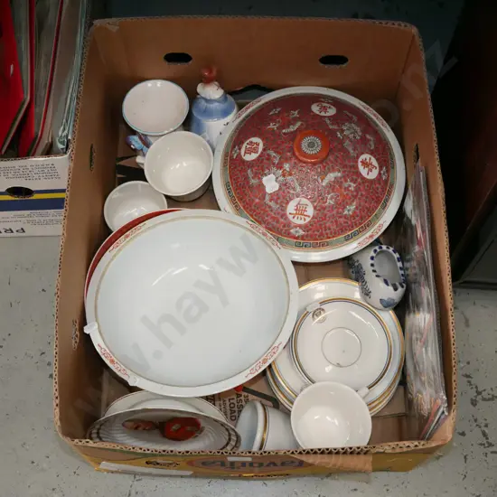 box; Asian bowls, saucers, cups, prints on tin etc