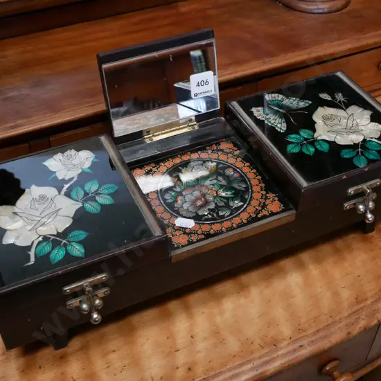 wood, glass and mother of pearl jewellery box L420