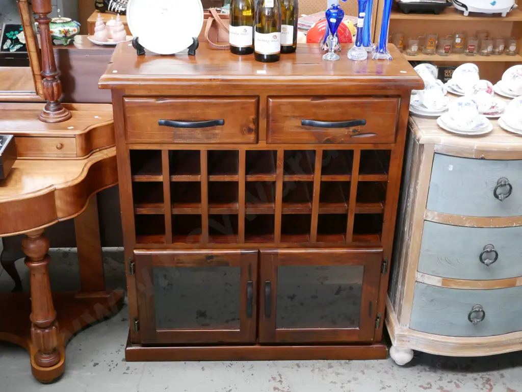 solid pine cabinet with 2 drawers, wine rack, 2 glazed display doors H1030 W925 D375 Image 1++