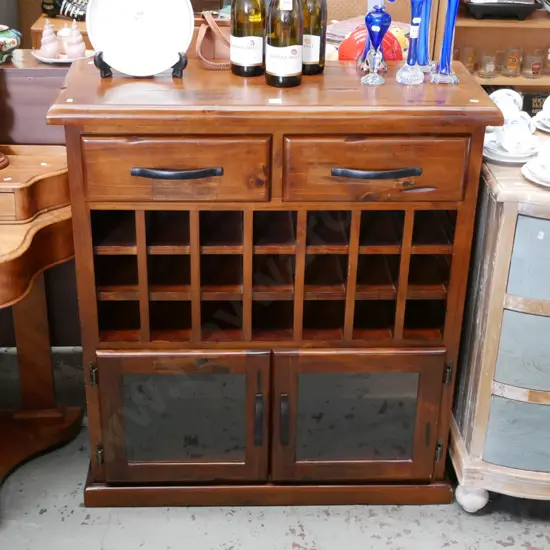 solid pine cabinet with 2 drawers, wine rack, 2 glazed display doors H1030 W925 D375