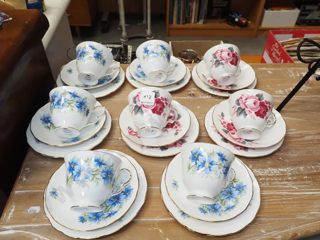 8x Queen Anne trios; 5x blue floral, 3x pink and red rose Image 1++