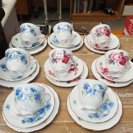 8x Queen Anne trios; 5x blue floral, 3x pink and red rose