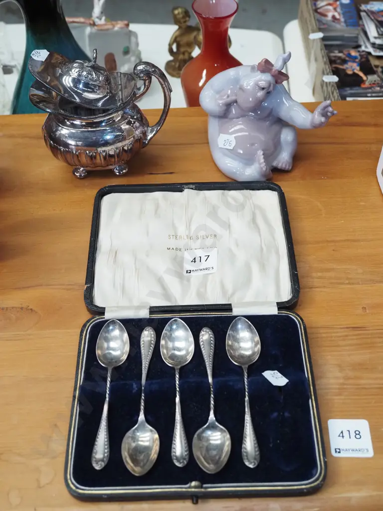 part sterling silver teaspoon set, lidded jug, Nao figurine H100 Image 1++