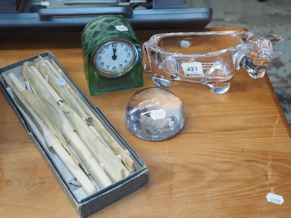 bone handled knives, green glass mantle clock, crystal vase etc Image 1++