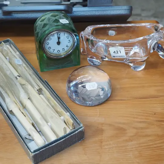bone handled knives, green glass mantle clock, crystal vase etc