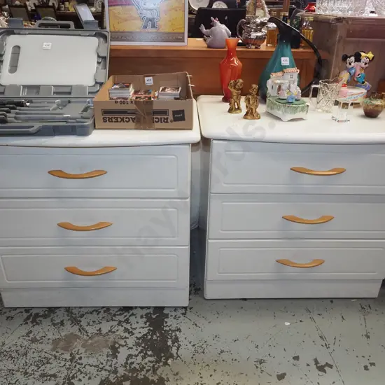 pair of mdf faux wood veneer 3 drawer bedside cabinets