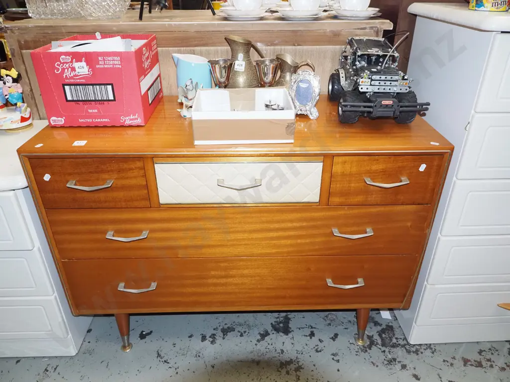 mid century 5 drawer lowboy with vinyl upholstered drawer H670 W930 D390 Image 1++