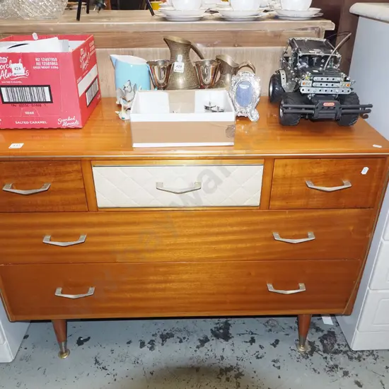 mid century 5 drawer lowboy with vinyl upholstered drawer H670 W930 D390