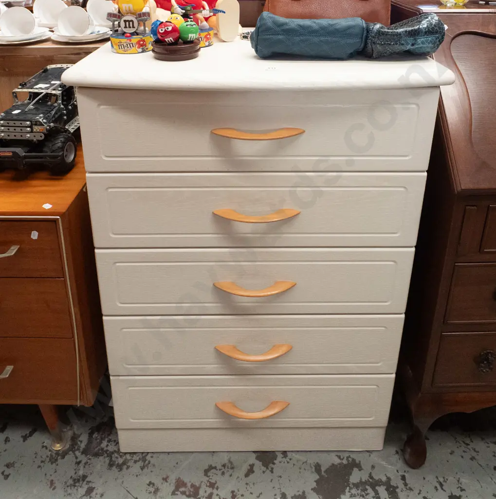 mdf faux wood veneer 5 drawer tallboy H930 W650 D400 Image 1++