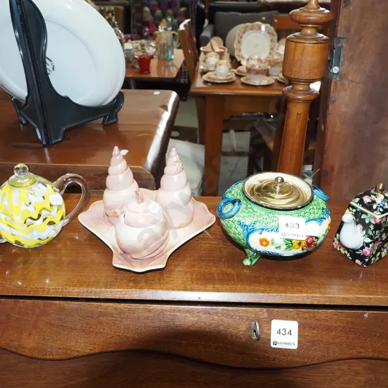 art glass paperweight, seashell condiments, small jug etc