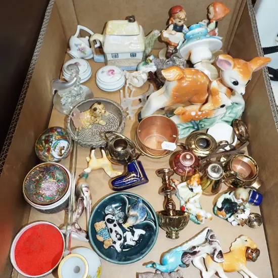 box; brass miniatures, figurines, small dishes etc