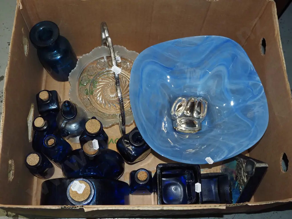 box; blue glass bowls, bottles, basket etc Image 1++