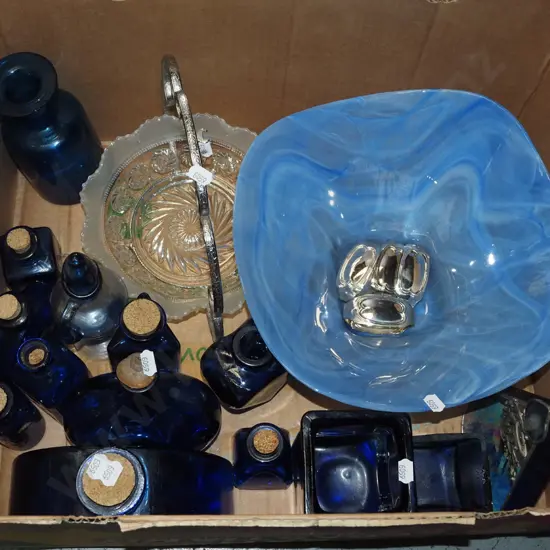 box; blue glass bowls, bottles, basket etc