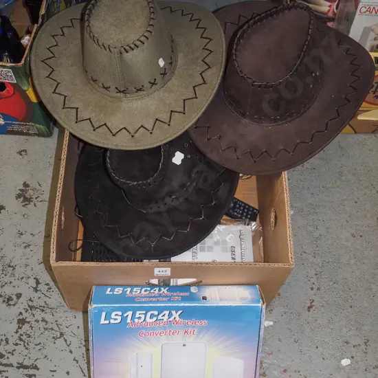 box; cowboy hats, toy robot, freeview box etc
