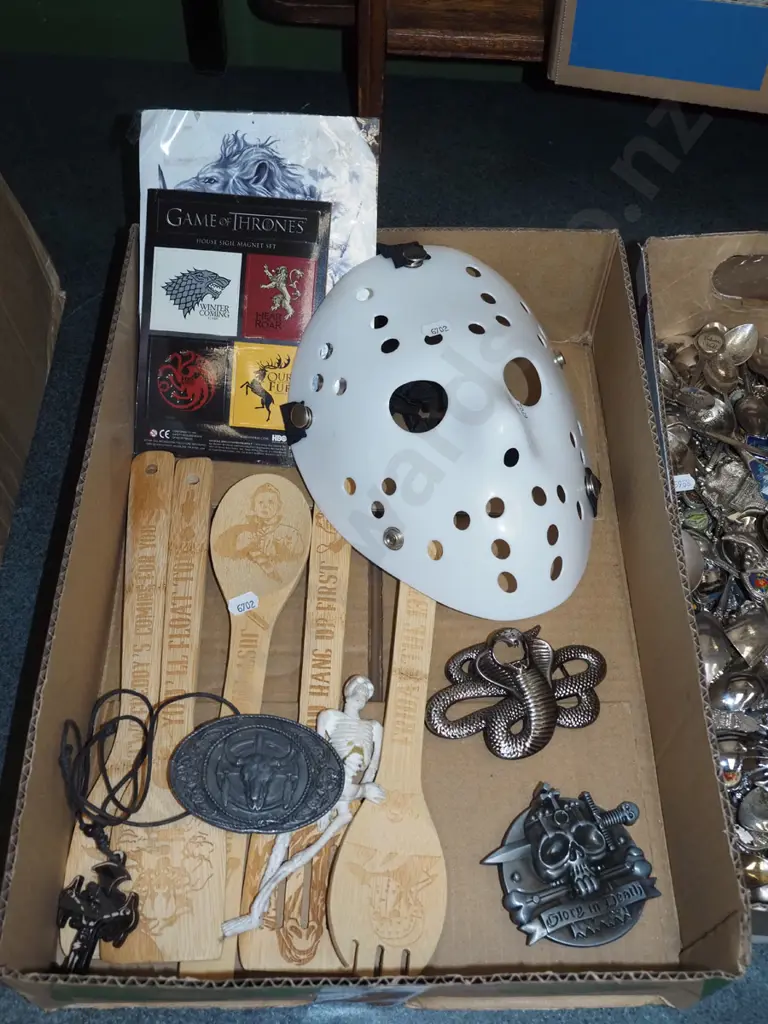box; horror hockey mask, wooden kitchen utensils, belt buckles etc Image 1++