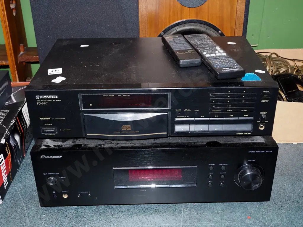 stereo equipment; Pioneer stereo receiver, CD player, pair of JPW wood cased bookcase speakers, box of accessories Image 1++