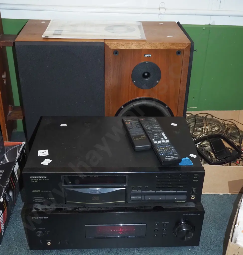 stereo equipment; Pioneer stereo receiver, CD player, pair of JPW wood cased bookcase speakers, box of accessories Image 1++