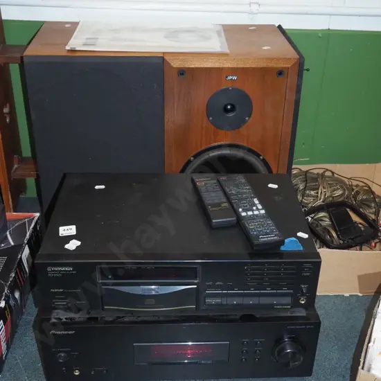 stereo equipment; Pioneer stereo receiver, CD player, pair of JPW wood cased bookcase speakers, box of accessories