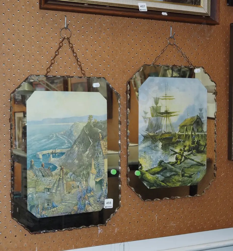 2x mirror framed prints - fishing village, sailing boars in port - green dots Image 1++