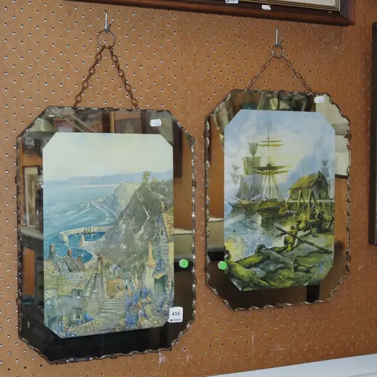 2x mirror framed prints - fishing village, sailing boars in port - green dots