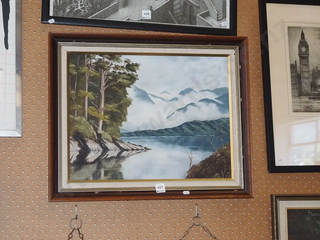 framed oil on board -  lake and mountain scene Image 1++
