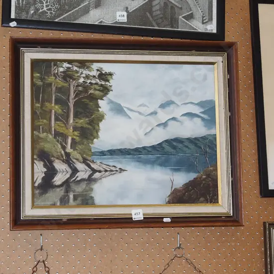 framed oil on board -  lake and mountain scene