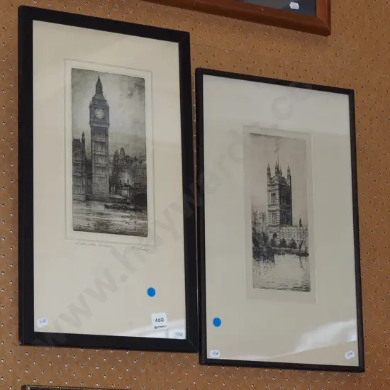 2x framed etchings - Westminster London - blue dots