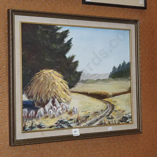 framed oil on board - sheep and haystack
