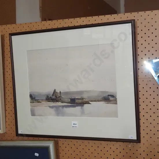 framed watercolour - house by estuary - significant foxing