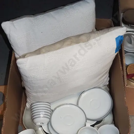 box; tea cups, saucers, trays, 2x cushions