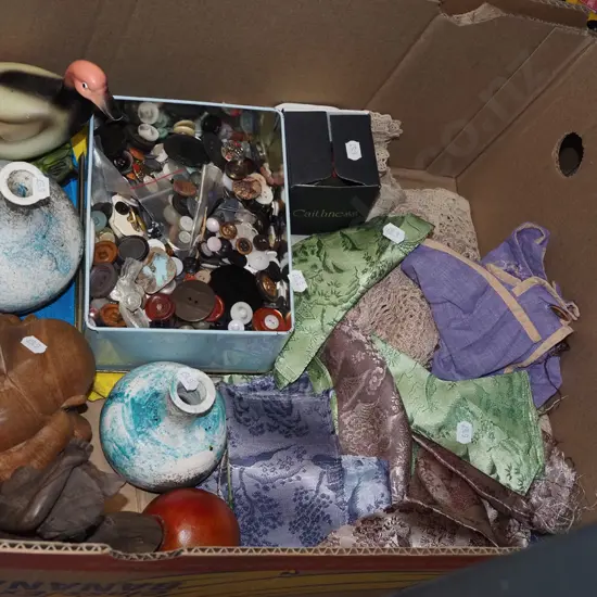 box; buttons, vases, wooden figurines 