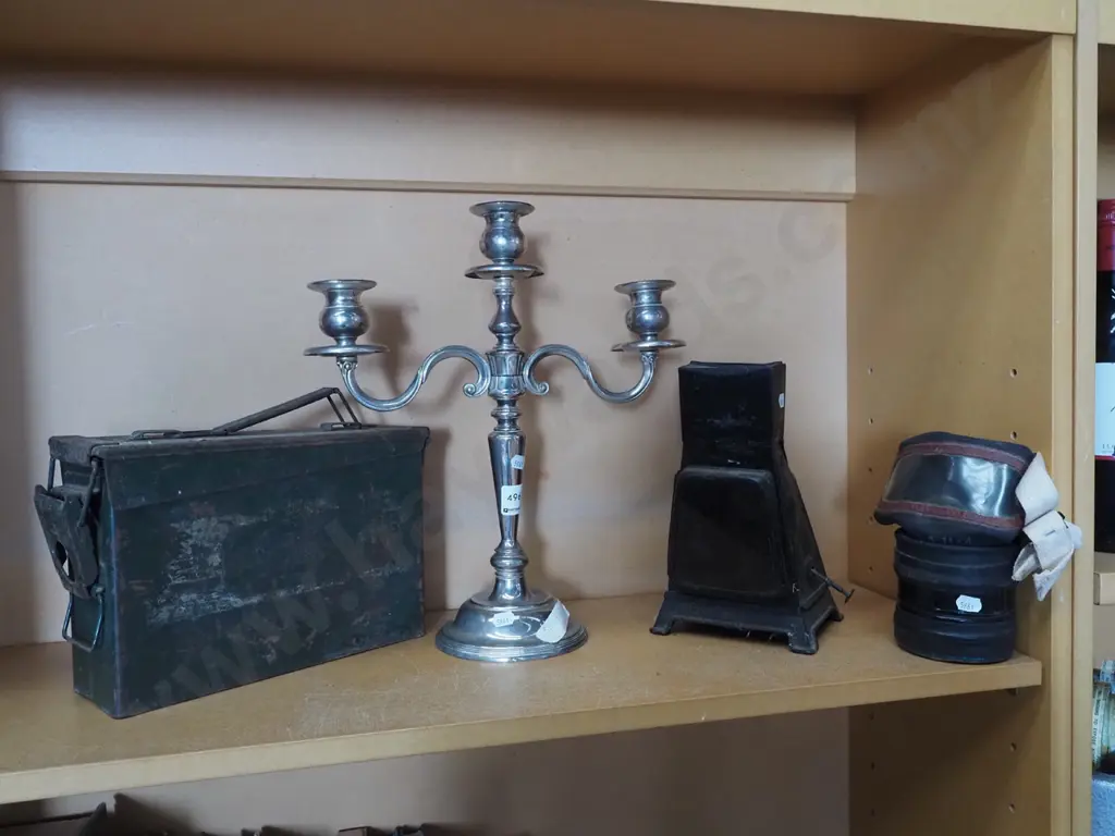 shelf; gas mask, ammunition box, lantern , plated candelabra H360 Image 1++