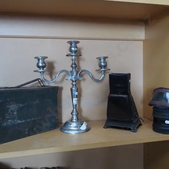 shelf; gas mask, ammunition box, lantern , plated candelabra H360