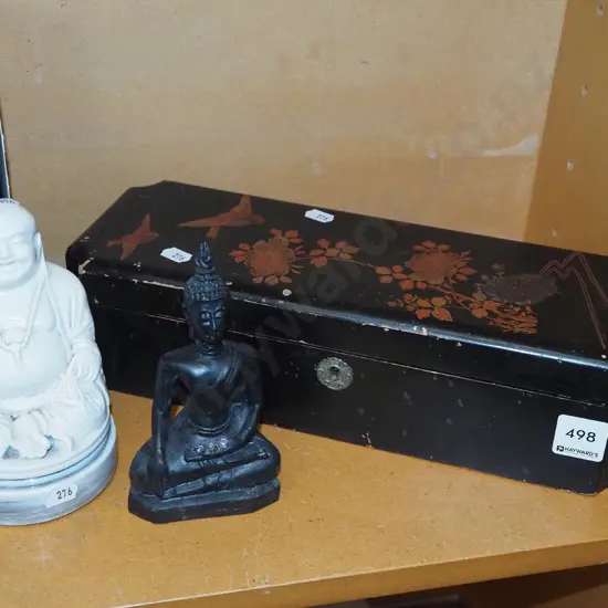 2x buddha figurines, lacquer trinket box with broken lock W325