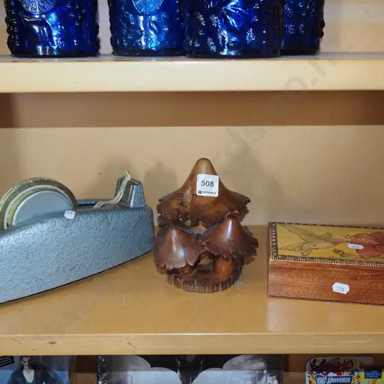 celotape dispenser, mushroom figurines, trinket box