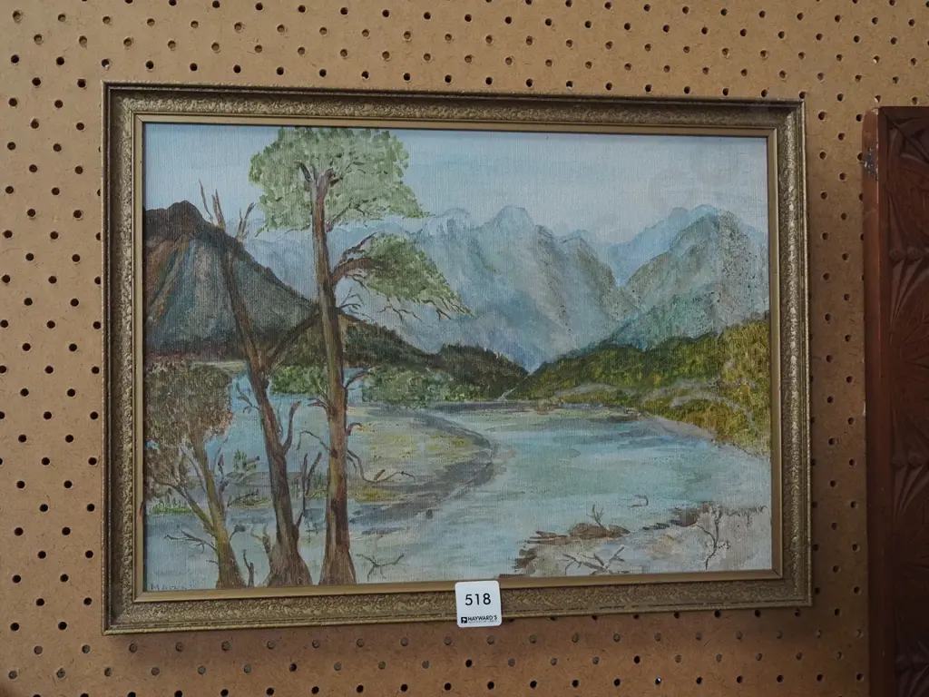framed oil on board - river and mountain - some damage Image 1++
