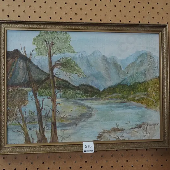 framed oil on board - river and mountain - some damage