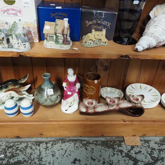 shelf; plates, candelabra, beer stein etc