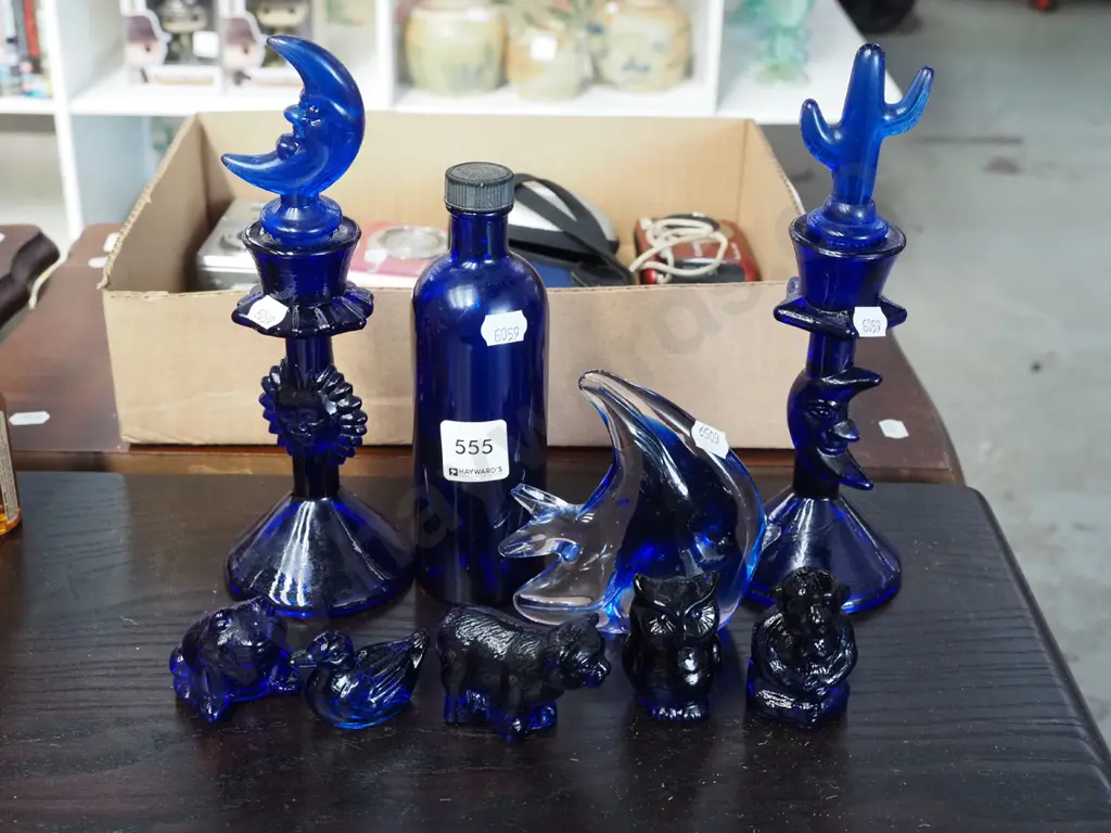 blue glass items; figurines, candlesticks, bottle stoppers etc H180 Image 1++
