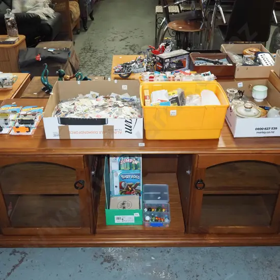 solid pine entertainment unit - 2 glazed doors, adjustable shelves H630 W1500 D510