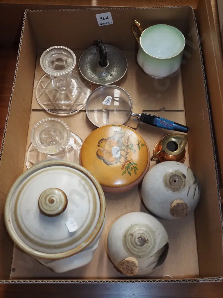 box; crystal candlesticks, magnifying glass, pottery salt and peppers etc Image 1++