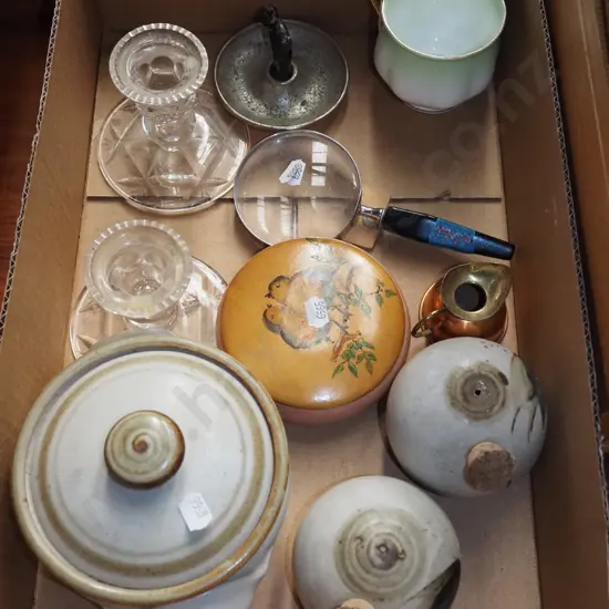 box; crystal candlesticks, magnifying glass, pottery salt and peppers etc