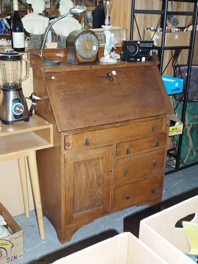 arts and craft 4 drawer 1 door oak drop front bookcase - marks and stains to varnish Image 1++