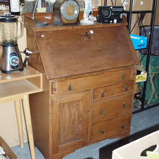arts and craft 4 drawer 1 door oak drop front bookcase - marks and stains to varnish