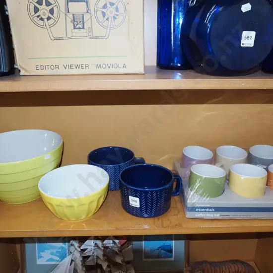 shelf: mixing bowls, soup mugs, as new set of 6 coffee mugs
