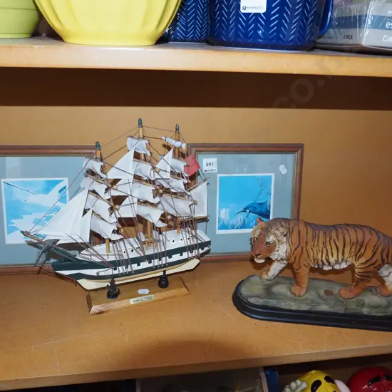 composite tiger, wooden boat, 2x bird prints Bird H280