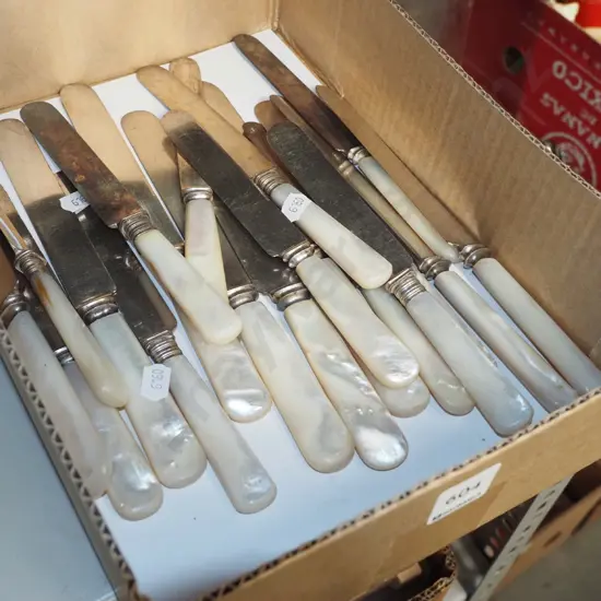 box; mother pearl handled knives