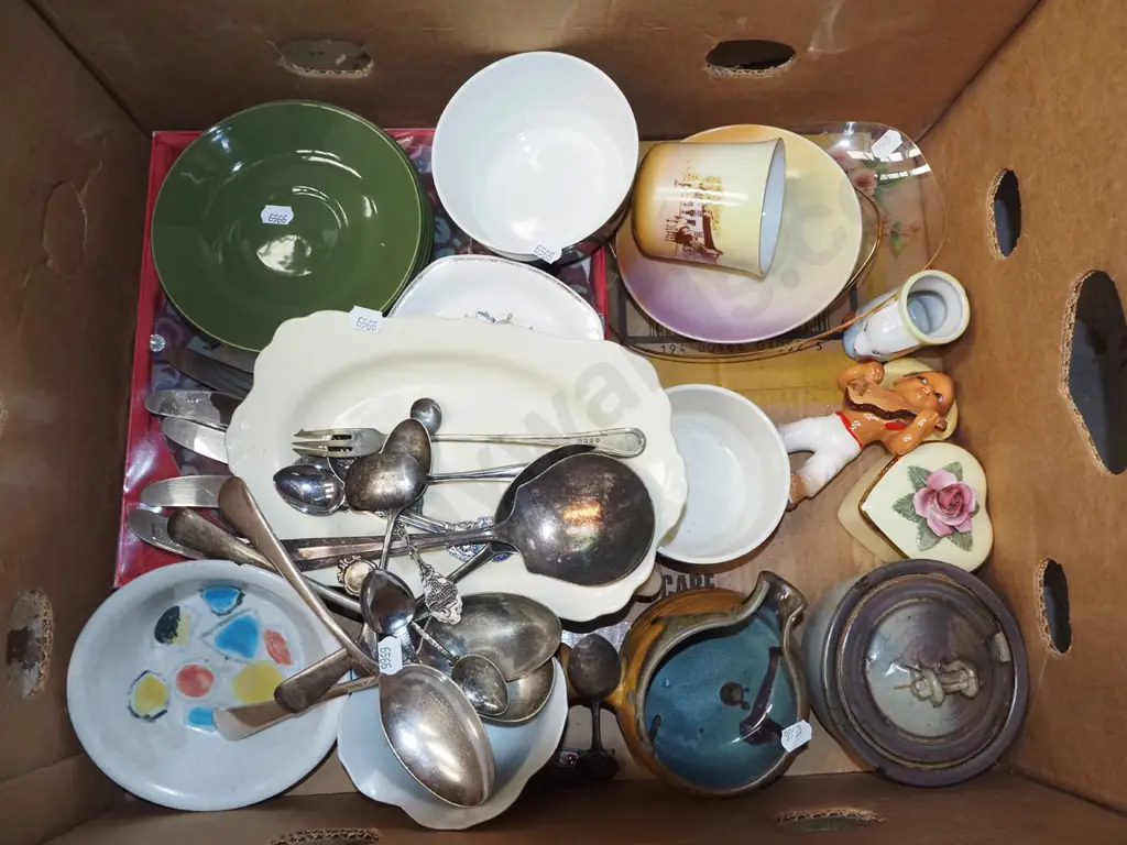 box; pottery lidded canister, pouring pot, cutlery etc Image 1++