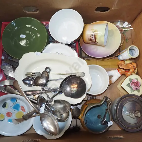 box; pottery lidded canister, pouring pot, cutlery etc