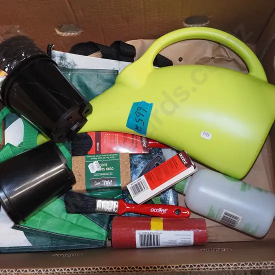 box; watering can, plastic planters, cork sanding block etc